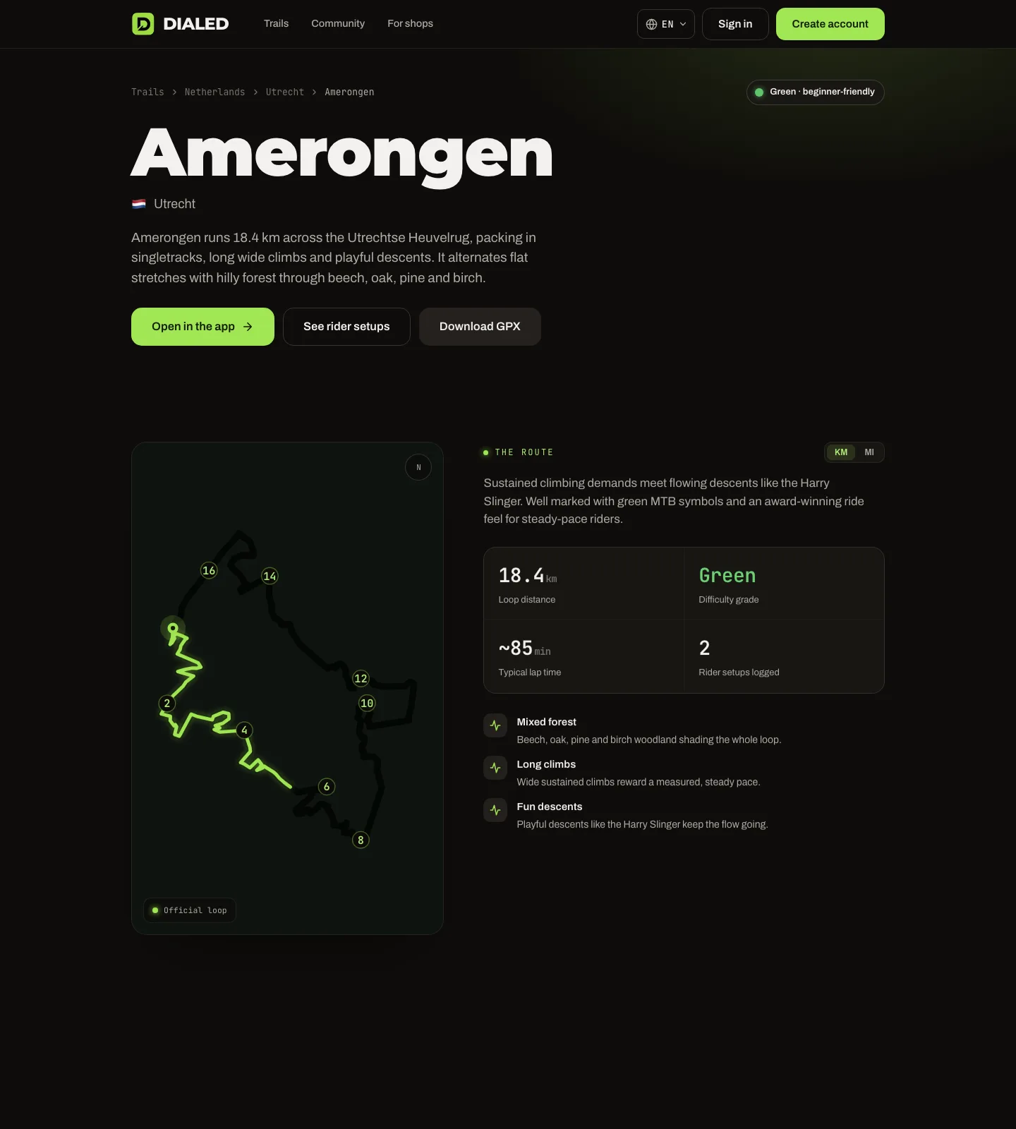 A trail page with its route stats, every number backed by recorded rides